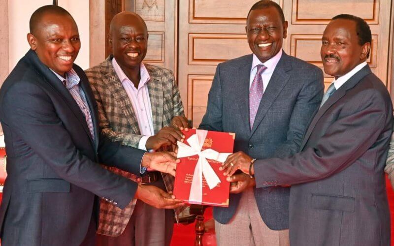 NADCO co-chairs Kimani Ichungwa and Kalonzo Musyoka present the report to President William Ruto and his Deputy Rigathi Gachagua.